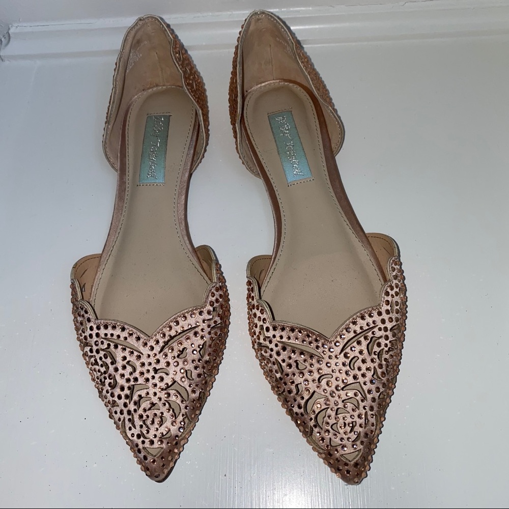 Rose gold pink lace and gem slip on flats